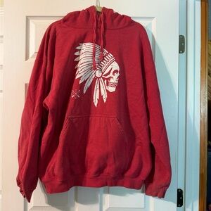 Men's Red Crewneck Hoodie with White Skull Headdress Graphic